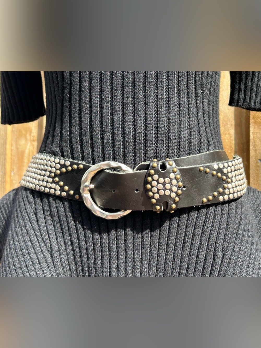 Vintage Leatherock Studded Black Leather Waist Belt with Silver Buckle Large